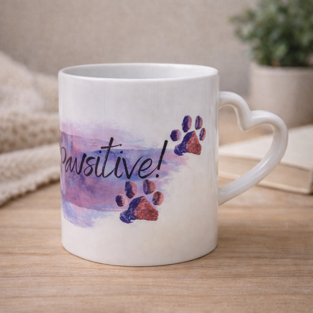 Tazza mug in ceramica bianca con manico a cuore, grafica acquerello nei toni del viola sfumato, con zampe di cane o gatto e frase, su piano in legno chiaro con dettagli decorativi sullo sfondo.