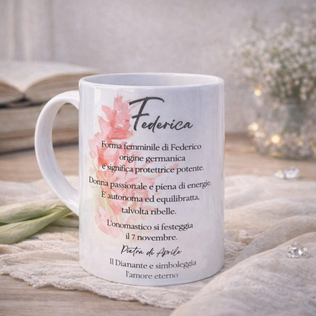 Tazza mug in ceramica bianca con nome e descrizione del suo significato con sfumature rosa, realizzata a mano, su telo in lino naturale e dettagli decorativi sullo sfondo.