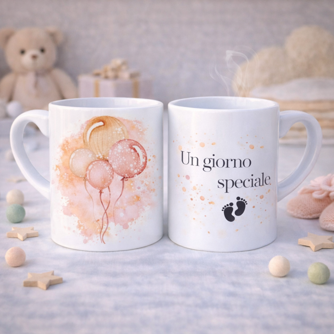 Tazza mug in ceramica bianca fronte e retro con palloncini arancioni e scritta con piedini, su piano bianco con stelline e dettagli decorativi da bebè color crema, con orsetto sullo sfondo.