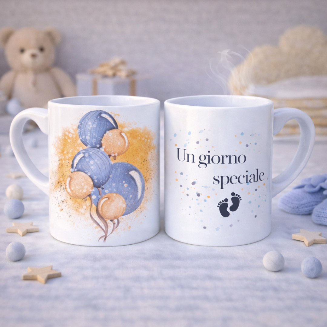 Tazza mug in ceramica bianca fronte e retro con palloncini blu e arancione e scritta con piedini, su piano bianco con stelline e dettagli decorativi da bebè color crema e azzurri, con orsetto sullo sfondo.