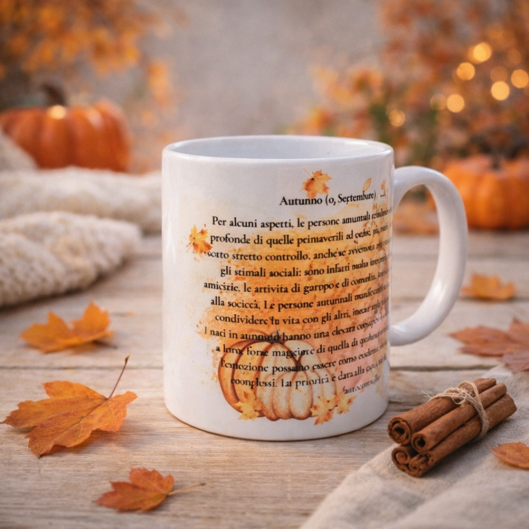 Tazza mug in ceramica bianca con zucca, scritta e colorii arancione pastello per compleanno, su piano in legno rustico chiaro, con foglie, stecce di cannella su tessuto in lino e atmosfera con dettagli e colori autunnali.