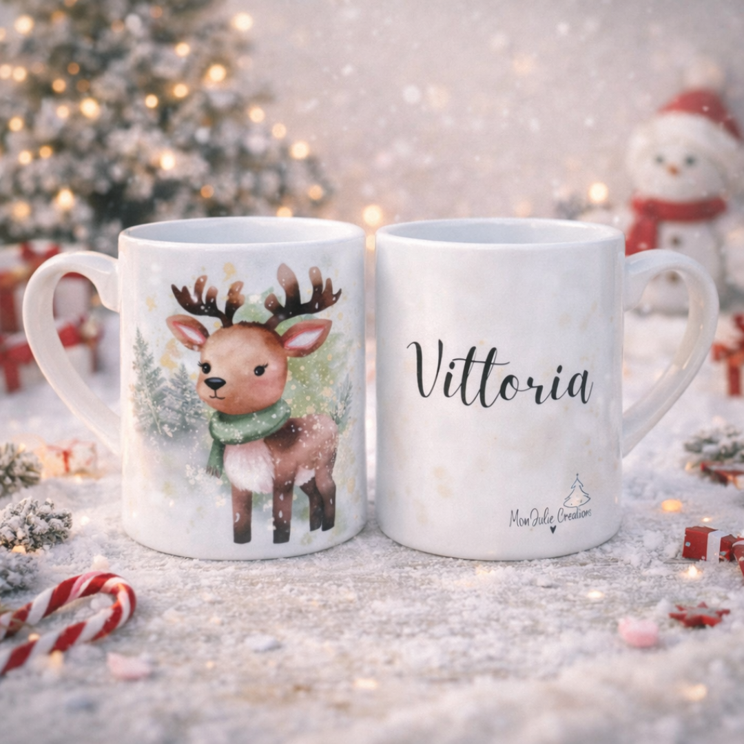 Tazza mug in ceramica bianca natalizia per bambini, con nome prsonalizzato e grafica con renna e sciarpina verde, su piano innevato, con stecco di zucchero, dettagli decorativi bianchi e rossi e papazzetto di neve giocattolo.