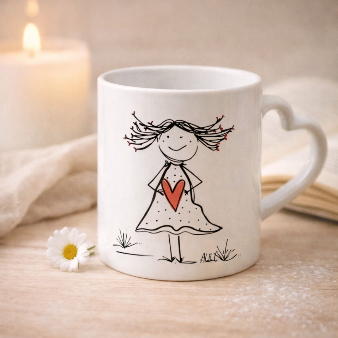 Tazza mug in ceramica bianca con manico a cuore per San Valentino, grafica realizzata a mano reffigurante una femminuccia stilizzata che tiene in mano un cuore rosso. Sfondo chiaro e delicato, candela, margherita e  tovagliolo in lino naturale come elementi decorativi.