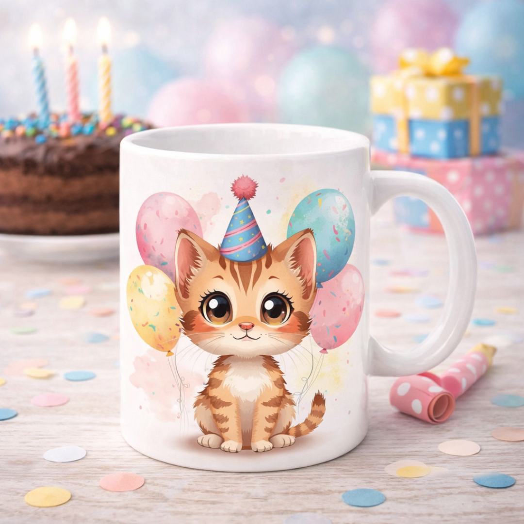 Tazza mug in ceramica bianca, con grafica artigianale con gattino con cappellino e palloncini, su sfonfo chiaro, con torta al cioccolato sullo sfondo, pacchetti regalo e dettagli decorativi di compleanno.