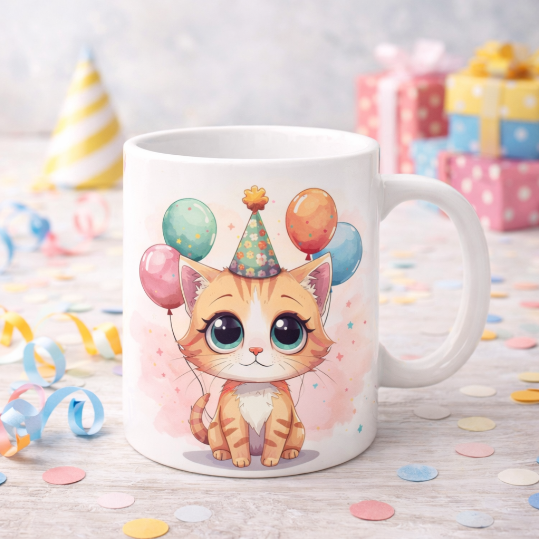 Tazza mug in ceramica bianca, con grafica artigianale con gattino con occhioni grandi, cappellino e palloncini, su sfonfo chiaro, con pacchetti regalo e dettagli decorativi di compleanno.