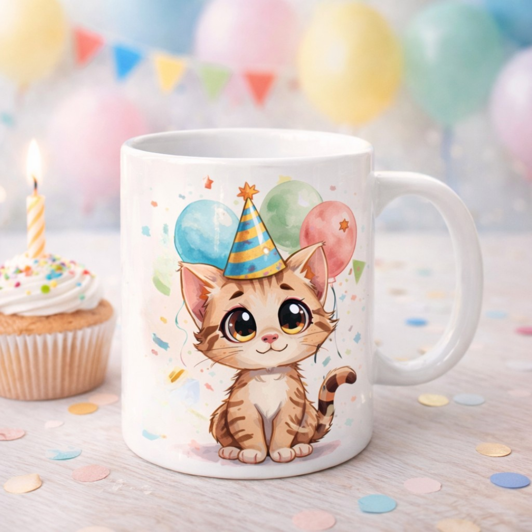 Tazza mug in ceramica bianca, con grafica artigianale con tenero gattino, cappellino e palloncini, su sfonfo chiaro, con cupcake, candelina e dettagli decorativi di compleanno.