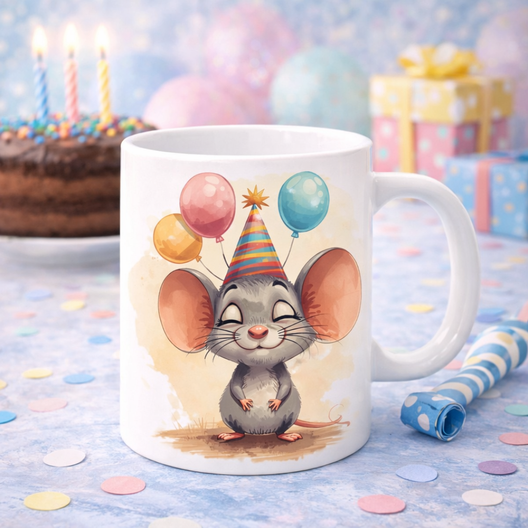 Tazza mug in ceramica bianca, con grafica artigianale con topolno con cappellino e palloncini, su sfonfo chiaro, con torta al cioccolato sullo sfondo, pacchetti regalo e dettagli decorativi di compleanno.