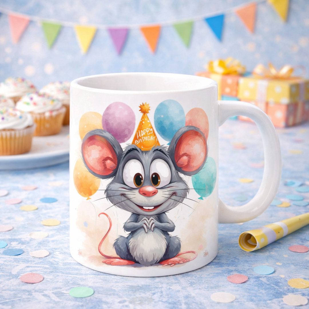 Tazza mug in ceramica bianca, con grafica artigianale con topolno festoso e sorridente con cappellino e palloncini, su sfonfo chiaro, con cupcake sullo sfondo, pacchetti regalo e dettagli decorativi di compleanno.