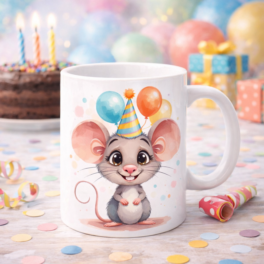 Tazza mug in ceramica bianca, con grafica artigianale con topolno festoso e sorridente con cappellino e palloncini, su sfonfo chiaro, con torta al cioccolato sullo sfondo, pacchetti regalo e dettagli decorativi di compleanno.