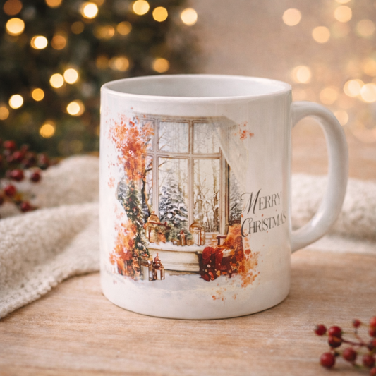 Tazza mug natalizia in ceramica bianca, realizzata artigianalmente. Immagine natalizia originale vintage con finestra decorata su sfondo con alberi innevati e scritta Merry Christmas. Ambientazione chiara con atmosfera natalizia, albero con lucine sullo sfondo e rametti di pungitopo.