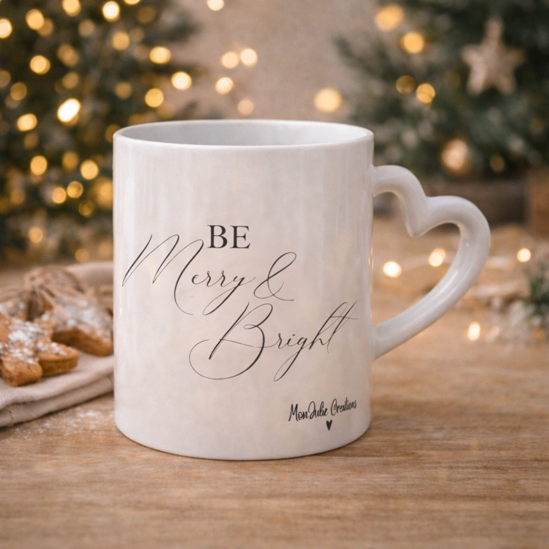 Tazza mug natalizia in ceramica bianca con manico a cuore e scritta, realizzata artigianalmente, su piano in legno rustico con biscotti e atmosfera di natale con albero e lucine soffuse sullo sfondo.